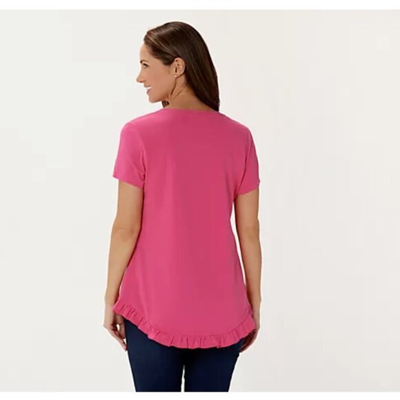 Isaac Mizrahi Live! Women Top 1X  Scoop Neck Curved Ruffle Light Brown A378050 - Picture 2 of 6